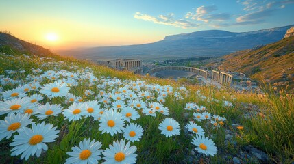 Canvas Print - Enchanting Sunset Over Mountain Valley with Blooming White Daisies in Vibrant Green Meadow - Nature Landscape Photography Calm Beauty Outdoors Peace