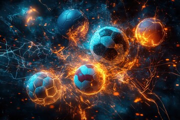 Poster - A bunch of soccer balls are floating in space with a blue