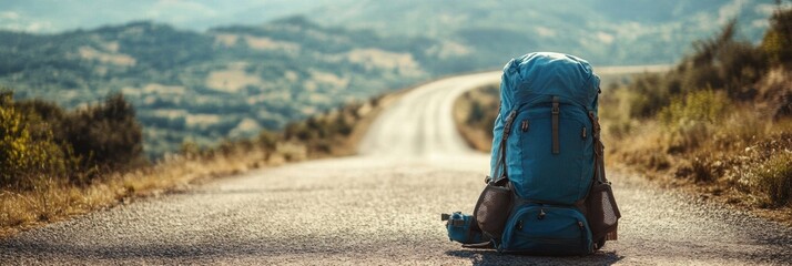 Aufkleber - Travelers backpack resting on an open road with scenic hills in the background during golden hour light. Generative AI