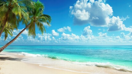 Poster - Sunny beach in Miami offers a picturesque escape with clear waters and palm trees on a perfect day. Generative AI