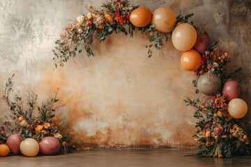 Wall Mural - A large archway of balloons and flowers is set up in front of a wall