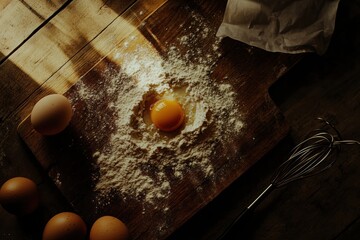 Poster - Top down view of a wooden board with flour and cracked egg showing the preparation of a baking project. Generative AI