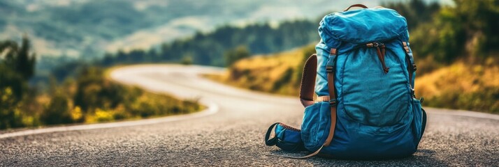 Aufkleber - Travelers backpack rests on winding road amid scenic mountain landscape during daytime. Generative AI