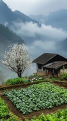 Wall Mural - A small house sits in a field of green vegetables