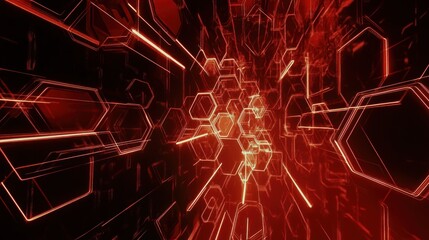 Poster - Abstract red hexagonal tunnel with glowing lines.