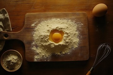 Poster - Top view of a wooden board with flour and a cracked egg preparing for baking at a cozy kitchen. Generative AI
