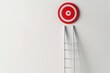 © PICK YOUR POV - A red and white target positioned above a ladder against a plain wall, symbolizing goals.