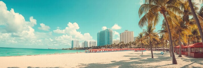 Aufkleber - Sunlit beach in Miami with palm trees and beachfront hotels on a clear day. Generative AI