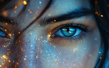 closeup of a woman s face with abstract fantasy style, colorful paint space nebula blending into skin, intense eyes, celestial atmosphere