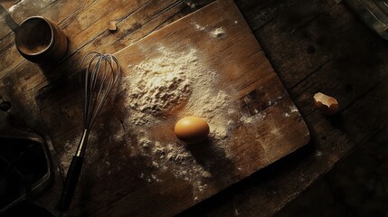 Poster - Scattered flour and a cracked egg on a wooden board during food preparation in a rustic kitchen. Generative AI