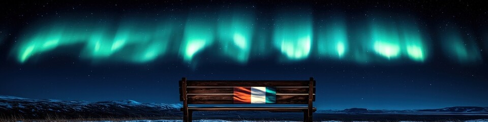 Poster - Majestic Northern Lights Aurora Borealis Over Snow-Covered Bench in Tranquil Arctic Winter Night Sky Landscape | Stargazing in Nature's Spectacular Light Show