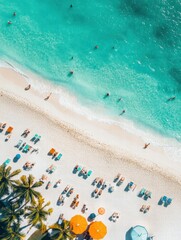 Poster - Sunlit beach in Miami with vibrant umbrellas, sunbathers, and clear turquoise water on a perfect afternoon. Generative AI