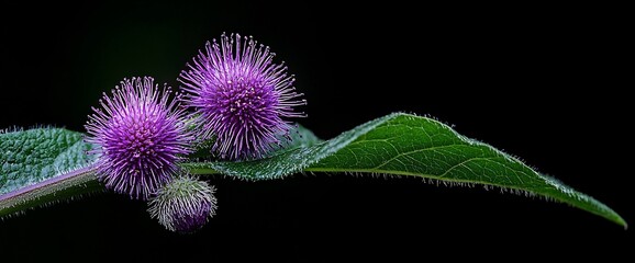 Poster - Close-up of purple thistle flowers and green leaf on black background.