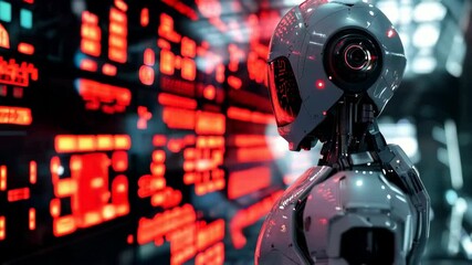 Poster - A robot is standing in front of the stock trading board, displaying real-time global financial data and high-tech style wallpaper