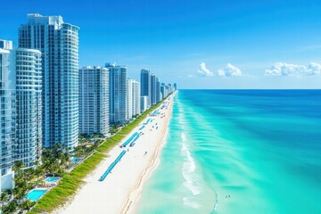 Aufkleber - Discover the vibrant beach life in sunny Miami with clear blue skies and stunning ocean views on a perfect day. Generative AI