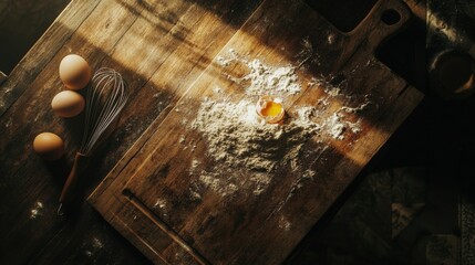 Poster - Wooden board with flour and cracked egg showcasing the process of baking at a cozy kitchen setting. Generative AI