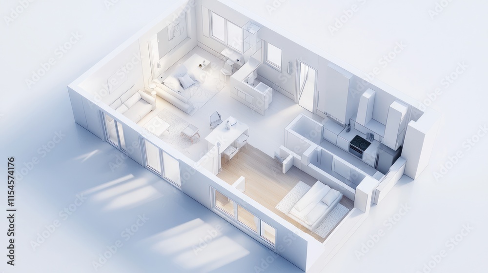 Modern interior design in 3D, focusing on a clean and minimalistic ...