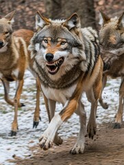  A pack of wolves running through a snowy landscape, showcasing their wild nature.
