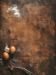 Poster - Top down view of a wooden board scattered with flour and cracked eggs ready for baking activities. Generative AI