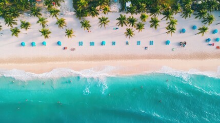Poster - Sunny Miami beach with turquoise waters and palm trees enjoyed by visitors under clear skies. Generative AI