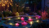 A decorative pond illuminated with underwater lights, enhancing its beauty during a serene evening.