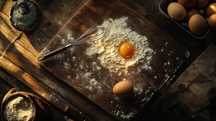 Poster - Top down view of wooden board with flour and cracked egg ready for baking activity. Generative AI