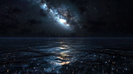 Wall Mural - Night sky with Milky Way galaxy reflected in calm ocean water.