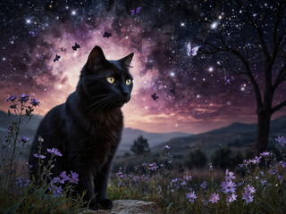  A black cat under a starry purple sky