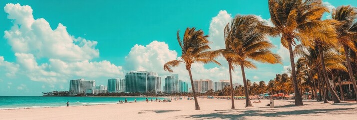 Aufkleber - Sunny Miami beach with vibrant palm trees and clear blue skies on a perfect day. Generative AI