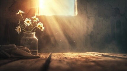 Wall Mural - Sunlit daisies in glass jar on rustic wood. (1)