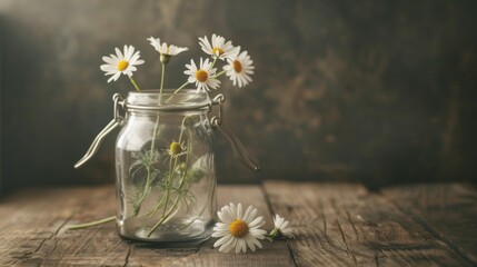 Wall Mural - Daisies in glass jar on rustic wood.