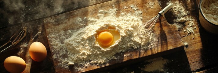 Poster - Wooden board covered in flour with a cracked egg and kitchen tools ready for baking. Generative AI