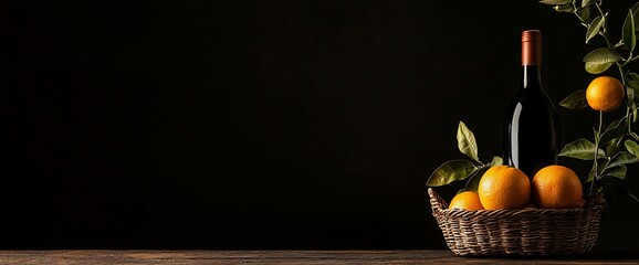 Wall Mural - Wine bottle and oranges in a basket on dark background.