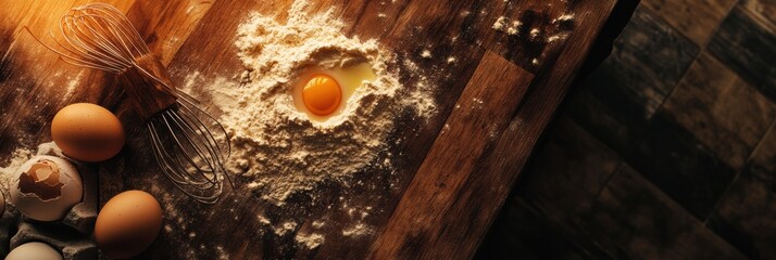 Poster - Wooden board with scattered flour and a cracked egg for baking preparation in a cozy kitchen setting. Generative AI