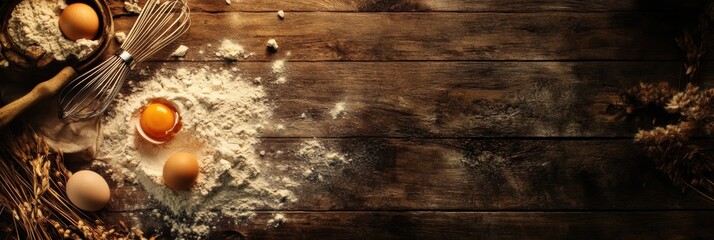 Poster - Top down view of a wooden surface with scattered flour and cracked egg ready for baking activity. Generative AI