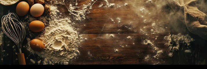 Poster - Top down view of a wooden surface with scattered flour and a cracked egg for baking activities in a cozy kitchen environment. Generative AI