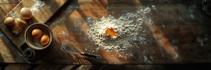 Poster - Top down view of a wooden board with flour and cracked egg ready for baking on a sunny morning. Generative AI