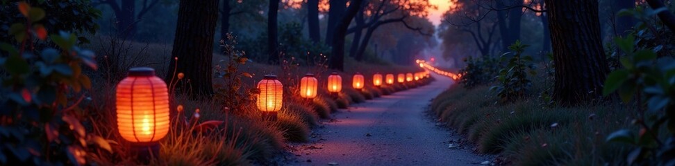 lanterns aglow softly along winding path at dusk, peaceful, sunset, serene