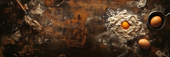 Aufkleber - Scattered flour and cracked eggs on a wooden board for baking preparation in a cozy kitchen. Generative AI