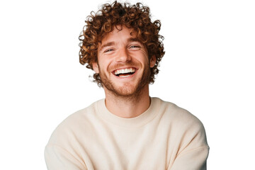 smiling man with curly hair on transparent background