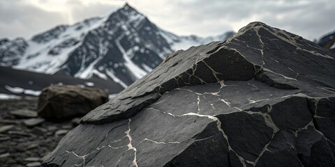 Poster - A large rock with a lot of cracks and a mountain in the background