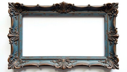 Antique wooden frame with intricate carvings and blue paint isolated on a white background, blue, decor