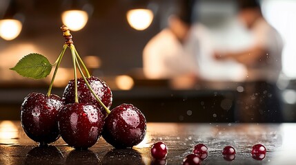 Wall Mural - Fresh red cherries on dark table, blurred kitchen background.