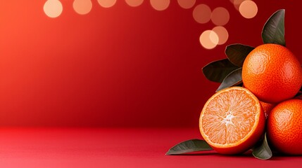 Wall Mural - Mandarin oranges with leaves on red background.