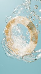 Poster - Sinking ring creating delicate bubbles underwater blue water close-up aquatic beauty