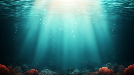 Wall Mural - Sunbeams illuminate deep ocean, coral reef below.