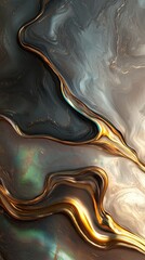 Poster - Dynamic abstract pattern of shimmering golden waves on dark obsidian surface artistic background close-up view