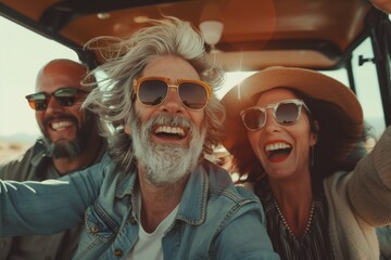 Wall Mural - Group of friends having fun on a road trip. Men and women taking a selfie together.