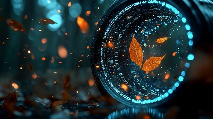 Futuristic lens capturing autumn leaves in magical forest.