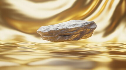 Poster - Floating stone in a golden liquid aura abstract art digital surreal environment close-up view conceptual beauty
